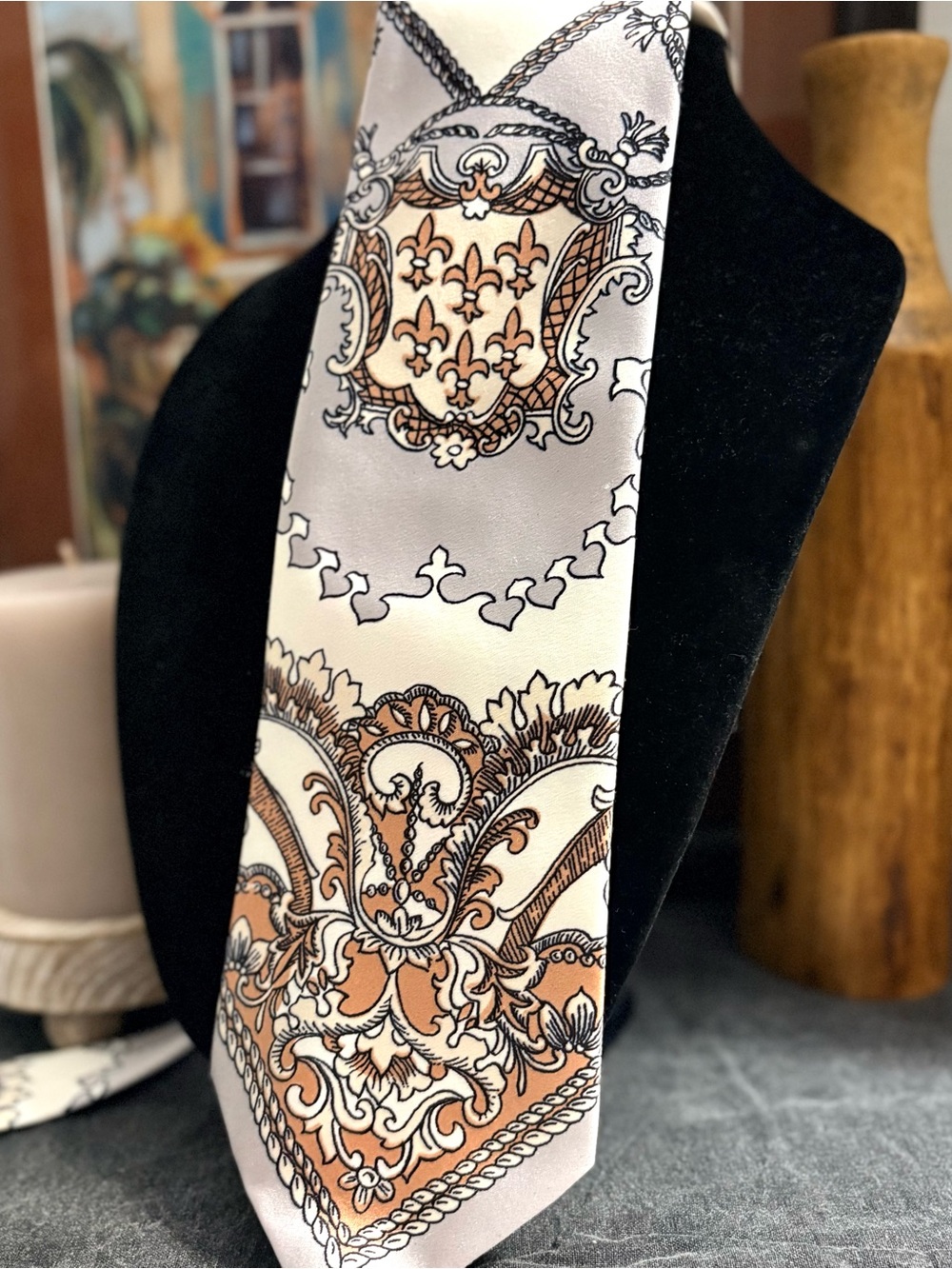 Vintage Sears The Men’s Store Satin Wide Silver Mocha White Bold Paisley Tie